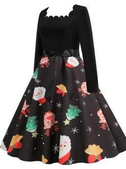 Women's Christmas Vintage Dress Midi Dress Black And White Green Black Long Sleeve Santa Claus Bow Winter Fall Autumn Square Neck Stylish Christmas Vacation 2022 S M L XL XXL 3XL -HANs Plus Size Style Shop styrur1667637302360