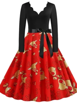 Women's Christmas Swing Dress Vintage DressKnee Length Dress Green Blue Wine Light Red Dark Green Red Long Sleeve Floral Snowman Tree Bow Print Fall Winter V Neck Vintage Fashion Casual 2022 S M L -HANs Plus Size Style Shop sucivc1663152096121