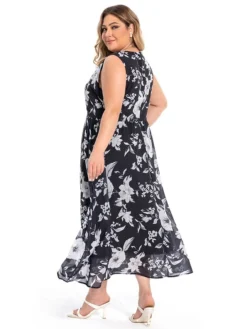 Women‘s Plus Size Curve Two Piece Dress Set Casual Dress Chiffon Dress Outdoor Daily Fashion Elegant Print Long Dress Maxi Dress V Neck Long Sleeve Floral Regular Fit Black Summer Spring -HANs Plus Size Style Shop sucvwl1694770875118