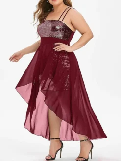 Women‘s Plus Size Curve Party Dress Sequin Dress Slip Dress Sequin Color Block Midi Dress Sleeveless Patchwork Plus High Low Strap Fashion Party Black Wine Summer Spring L XL XXL 3XL 4XL -HANs Plus Size Style Shop suisfb1678785658497