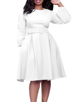 Women's Casual Dress Plain Dress Spring Dress Midi Dress Ruched With Belt Street Daily Holiday Fashion Streetwear Crew Neck Long Sleeve 2023 Regular Fit White Yellow Royal Blue Color S M L XL XXL Size -HANs Plus Size Style Shop svosrf1692706903130