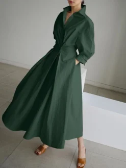 Women's Shirt Dress Casual Dress Swing Dress Maxi Long Dress Outdoor Office Holiday Polyester Basic Modern Shirt Collar Ruched Pocket Long Sleeve Summer Spring Fall 2023 Regular Fit Black Army Green -HANs Plus Size Style Shop svrtja1653386528217