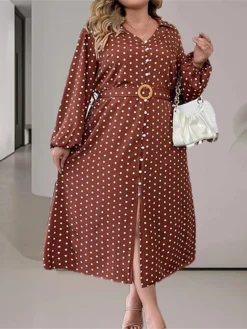 Women's Plus Size Curve Casual Dress Winter Dress Sheath Dress Polka Dot Midi Dress Long Sleeve Lace Up Ruched V Neck Fashion Outdoor Brown Fall Winter L XL XXL 3XL 4XL