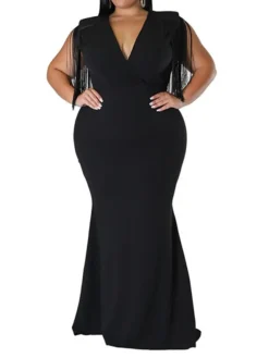 Women‘s Plus Size Curve Party Dress Solid Color V Neck Tassel Fringe Sleeveless Spring Summer Formal Maxi Long Dress Party Date Dress -HANs Plus Size Style Shop swbhge1659936864565