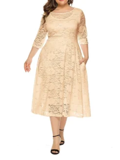 Women's Plus Size Curve Party Dress Lace Dress Semi Formal Dress Solid Color Midi Dress 3/4 Length Sleeve Lace Patchwork Crew Neck Fashion Wedding Light Yellow Black Spring Fall XL XXL 3XL 4XL 5XL -HANs Plus Size Style Shop swdgqf1693533326722