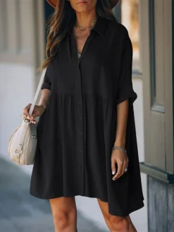 Women's Shirt Dress Casual Dress Mini Dress Outdoor Daily Cotton Basic Casual Shirt Collar Ruched Button Half Sleeve Summer Spring Fall 2023 Loose Fit Black White Pure Color M -HANs Plus Size Style Shop swemsz1681811921649