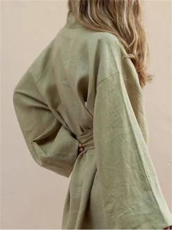 Women's Casual Dress Winter Dress Linen Dress Mini Dress White Green Long Sleeve Pure Color With Belt Summer Spring V Neck Fashion Vacation Fall Dress Spring Dress Loose Fit 2023 S M L XL 2XL -HANs Plus Size Style Shop swezjt1672133435021