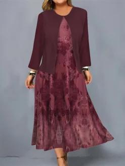 Women's Plus Size Curve Casual Dress Dress Set Two Piece Dress Floral Midi Dress Long Sleeve Print Crew Neck Mature Outdoor Black Navy Blue Fall Winter L XL XXL 3XL 4XL