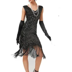 Women's Retro 1920s Fringe Dress Midi Dress Party Halloween Sequins Tassel Fringe Floral V Neck Sleeveless Regular Fit Spring Fall 2023 Black Pink XS S M L -HANs Plus Size Style Shop swkzww1692612016919