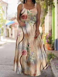 Women‘s Plus Size Curve Casual Dress Strap Dress Floral Coconut Tree Long Dress Maxi Dress Sleeveless Print Strap Fashion Outdoor Navy Blue Blue Summer Spring L XL XXL 3XL 4XL