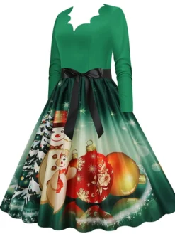 Women's Christmas Party Dress Swing DressKnee Length Dress Green Purple Wine Red Black Long Sleeve Santa Claus Elk Snowman Print Fall Winter V Neck Vintage Party Elegant Party 2022 S M L XL XXL 3XL -HANs Plus Size Style Shop swwjxi1665475510544