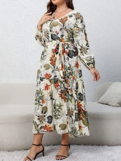 Women's Casual Dress Swing Dress Print Dress Leaf Floral Ruffle Print V Neck Long Dress Maxi Dress Fashion Streetwear Outdoor Daily Long Sleeve Regular Fit Blue Apricot Fall Winter XL XXL 3XL 4XL -HANs Plus Size Style Shop swzfbo1697539482142
