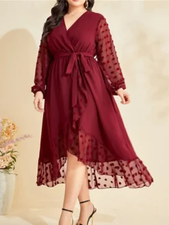 Women's Plus Size Prom Dress Party Dress Wedding Guest Dress Long Dress Maxi Dress Wine Long Sleeve Pure Color Lace Up Fall Winter Autumn V Neck Fashion Winter Dress Wedding Guest Evening Party Loose -HANs Plus Size Style Shop sxjftq1693205397657