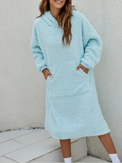 Women's Casual Dress Hoodie Dress Midi Dress Active Fashion Outdoor Home Holiday V Neck Pocket Solid Color Loose Fit Pink Burgundy Royal Blue M