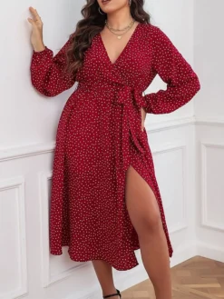 Women's Plus Size Party Dress Wedding Guest Dress Red Dress Midi Dress Red Long Sleeve Polka Dot With Belt Spring Fall Winter V Neck Fashion Winter Dress Evening Party Wedding Guest 2023 XL XXL 3XL -HANs Plus Size Style Shop sxtzdz1693535278324
