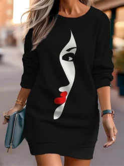 Women's Casual Dress Sweatshirt Dress Mini Dress Warm Fashion Outdoor Vacation Going Out Crew Neck Print Print Loose Fit Black White Red S M L XL XXL