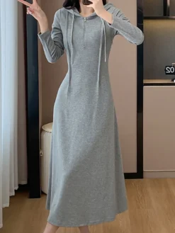 Women's Casual Dress Hoodie Dress Midi Dress Fashion Daily Outdoor Vacation Going Out Hoodie Zipper Solid Color Regular Fit Black Gray S M L XL -HANs Plus Size Style Shop szovtr1696674371066
