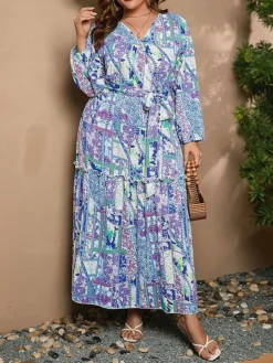 Women's Casual Dress Swing Dress Print Dress Leaf Floral Ruffle Print V Neck Long Dress Maxi Dress Fashion Streetwear Outdoor Daily Long Sleeve Regular Fit Blue Apricot Fall Winter XL XXL 3XL 4XL -HANs Plus Size Style Shop szrzrj1697539486606
