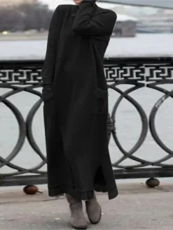 Women's Casual Dress Sweater Dress Sweatshirt Dress Maxi Long Dress Black Army Green Red Long Sleeve Pure Color Pocket Spring Fall Winter Crew Neck Fashion Vacation Fall Dress 2023 S M L XL XXL 3XL -HANs Plus Size Style Shop tabeeu1663236801047