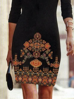 Women's Casual Dress Winter Dress Sweatshirt Dress Floral Tribal Print Crew Neck Mini Dress Vintage Ethnic Outdoor Daily Long Sleeve Loose Fit Black Fall Winter S M L XL XXL -HANs Plus Size Style Shop tabzct1694602880428