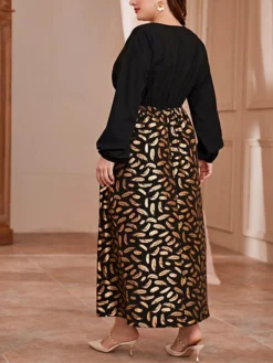 Women's Plus Size Curve Prom Dress Party Dress Wedding Guest Dress Long Dress Maxi Dress Black Long Sleeve Print Ruched Fall Winter Autumn V Neck Fashion Evening Party Wedding Guest Loose Fit -HANs Plus Size Style Shop talark1692946422655
