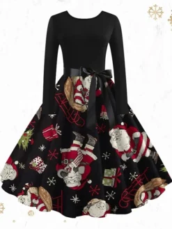 Women's ChristmasSkater DressKnee Length Dress Light Yellow Green White Light Red Dark Blue Red Long Sleeve Snowman Tree Snowflake Bow Print Fall Winter Crew Neck Vintage Party 2022 S