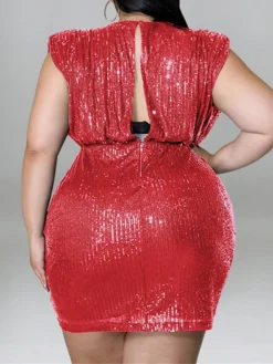 Women‘s Plus Size Curve Party Dress Solid Color V Neck Sequins Short Sleeve Spring Summer Sequins Prom Dress Short Mini Dress Party Back To School Dress Sequin Dress Homecoming Dress -HANs Plus Size Style Shop tavedy1652866159973