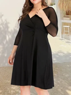 Women's Plus Size Curve Casual Dress Winter Dress Sheath Dress Plain Midi Dress Long Sleeve Ruched Mesh V Neck Fashion Outdoor Black Fall Winter XL XXL 3XL 4XL 5XL -HANs Plus Size Style Shop tavntl1695191645393