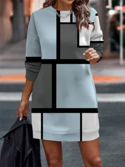 Women's Casual Dress Sweatshirt Dress Mini Dress Warm Fashion Outdoor Vacation Going Out Crew Neck Print Geometric Loose Fit Pink Blue Light Purple S M L XL XXL -HANs Plus Size Style Shop tawqvn1694596715987