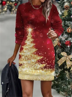 Women's Christmas Dress Casual Dress Mini Dress Warm Fashion Outdoor Christmas Vacation Crew Neck Print Christmas Tree Regular Fit Wine Red Gold S M L XL XXL -HANs Plus Size Style Shop tazodn1697108746940