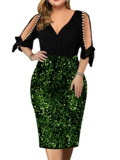 Women‘s Plus Size Curve Party Dress Solid Color V Neck Sequins Half Sleeve Spring Fall Stylish Sequins Prom Dress Midi Dress Party Club Dress Sheath Dress Sequin Dress -HANs Plus Size Style Shop tbfrkz1656496083156