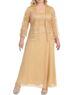 Women‘s Plus Size Curve Lace Dress Work Dress Dress Set Solid Color Long Dress Maxi Dress 3/4 Length Sleeve Lace Strap Elegant Office Black Wine Spring Summer L XL XXL 3XL 4XL