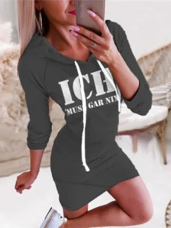 Women‘s Hoodie Dress Winter DressBodycon Short Mini Dress Green Black Yellow Wine Dark Gray Red Navy Blue Light Blue Long Sleeve Fall Letter Print Fall Spring Hooded Fashion 2022 S M L XL XXL 3XL