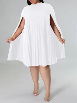 Women‘s Plus Size Curve Casual Dress Shift Dress Solid Color Midi Dress Long Sleeve Pleated Stand Collar Basic Daily Black White Fall Spring XL XXL 3XL 4XL 5XL -HANs Plus Size Style Shop tbmjbk1672817482292