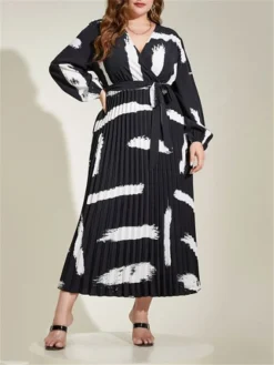 Women's Plus Size Curve Work Dress Swing Dress Black Dress Fashion Long Dress Maxi Dress Lace Up Print V Neck Long Sleeve Graffiti Regular Fit Black Fall Winter L XL XXL 3XL 4XL -HANs Plus Size Style Shop tbmknd1693300599222