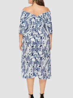 Women‘s Plus Size Curve Party Dress Shift Dress Semi Formal Dress Midi Dress Blue Short Sleeve Floral Ruffle Summer Spring Fall V Neck Fashion Wedding Guest Vacation Summer Dress 2023 -HANs Plus Size Style Shop tbmqck1691399475643