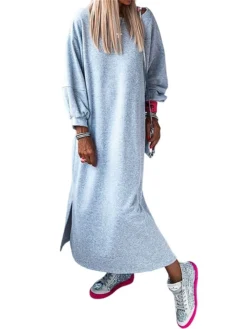 Women's Casual Dress Sweatshirt Dress Winter Dress Long Dress Maxi Dress Split Outdoor Street Daily Active Fashion Crew Neck Long Sleeve 2023 Loose Fit Gray Color S M L XL Size -HANs Plus Size Style Shop tbrrtd1695292953197