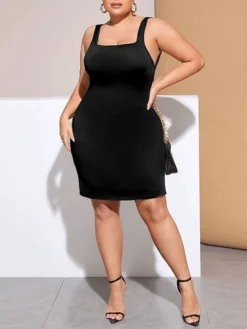 Women's Plus Size Curve Party Dress Wedding Guest Dress Sheath Dress Mini Dress Black Sleeveless Pure Color Backless Fall Winter Autumn Square Neck Fashion Wedding Guest Vacation XL XXL 3XL -HANs Plus Size Style Shop tcaleo1692165684687