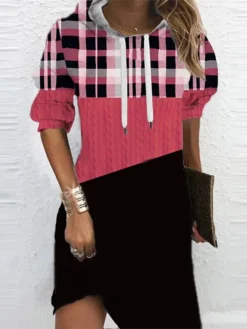 Women‘s Christmas Hoodie Dress Shift Dress Mini Dress Blue Pink Fuchsia Long Sleeve Plaid Print Fall Spring Hooded Daily Vacation Loose Fit 2022 S M L XL XXL 3XL -HANs Plus Size Style Shop tcbmjq1667470118104