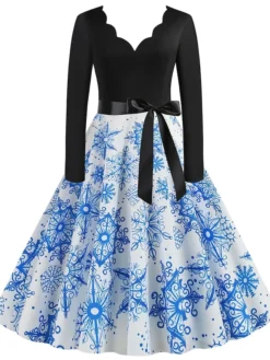 Women's Christmas Retro 1950s Vintage Dress Midi Dress Party Ruched Bow Fruit V Neck Long Sleeve Regular Fit Fall Winter 2023 Deep Green Black S M L XL -HANs Plus Size Style Shop tcdedi1695363827485