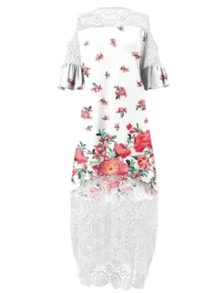 Women‘s Plus Size Curve Holiday Dress Floral Crew Neck Lace Half Sleeve Fall Spring Maxi Long Dress Date Vacation Dress Print -HANs Plus Size Style Shop tcghps1654584190035