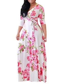 Women‘s Plus Size Curve Holiday Dress Floral V Neck Print Half Sleeve Fall Spring Casual Maxi Long Dress Casual Vacation Dress
