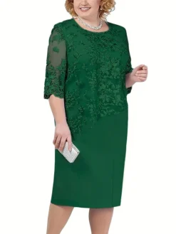 Women's Plus Size Party Dress Lace Dress Cocktail Dress Midi Dress Pink Blue Green 3/4 Length Sleeve Pure Color Lace Spring Fall Winter Crew Neck Fashion Winter Dress Wedding Guest Vacation 2023 L XL -HANs Plus Size Style Shop tcrqnh1693806683722