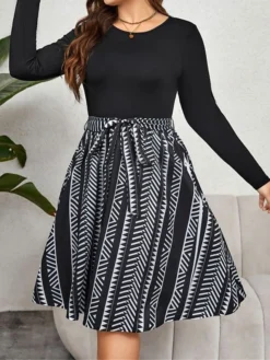 Women's Plus Size Curve Party Dress Winter Dress Black Dress Geometric Midi Dress Long Sleeve Patchwork Bow Crew Neck Fashion Party Black Fall Winter XL XXL 3XL 4XL -HANs Plus Size Style Shop tcsqyb1695103068282