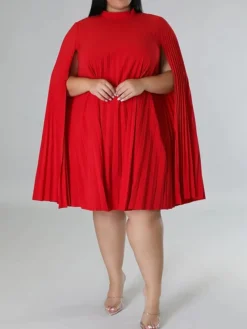 Women‘s Plus Size Curve Casual Dress Shift Dress Solid Color Midi Dress Long Sleeve Pleated Stand Collar Basic Daily Black White Fall Spring XL XXL 3XL 4XL 5XL -HANs Plus Size Style Shop tctjej1672817484312