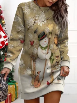 Women's Christmas Casual Dress Sweatshirt Dress Mini Dress Warm Fashion OutdoorVacation Crew Neck Print Snowman Loose Fit Black Yellow Blue S M L XL XXL -HANs Plus Size Style Shop tcyzfg1695365424953