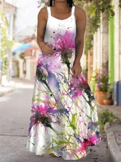 Women‘s Plus Size Curve Casual Dress Strap Dress Floral Long Dress Maxi Dress Sleeveless Print Strap Fashion Outdoor Pink Red Summer Spring L XL XXL 3XL 4XL