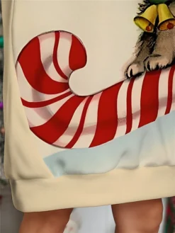 Women's Christmas Dress Hoodie Dress Mini Dress Warm Fashion Outdoor Christmas Holiday Hoodie Print Cat Loose Fit Khaki S M L XL XXL -HANs Plus Size Style Shop tdiqtp1697633901098