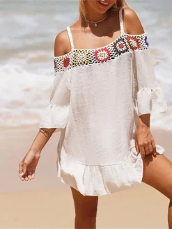 Women's Cover Up Beach Dress Beach Wear Mini Dress Ruffle Backless Ethnic Casual Floral Spaghetti Strap 3/4 Length Sleeve Loose Fit Outdoor Daily Black White 2023 Spring Summer One Size -HANs Plus Size Style Shop tdnhjr1672903076578