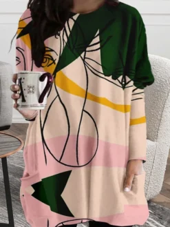 Women‘s Plus Size Curve T Shirt Dress Tee Dress Abstract Crew Neck Print Long Sleeve Winter Fall Casual Daily Vacation Dress -HANs Plus Size Style Shop tdqtie1664526240146